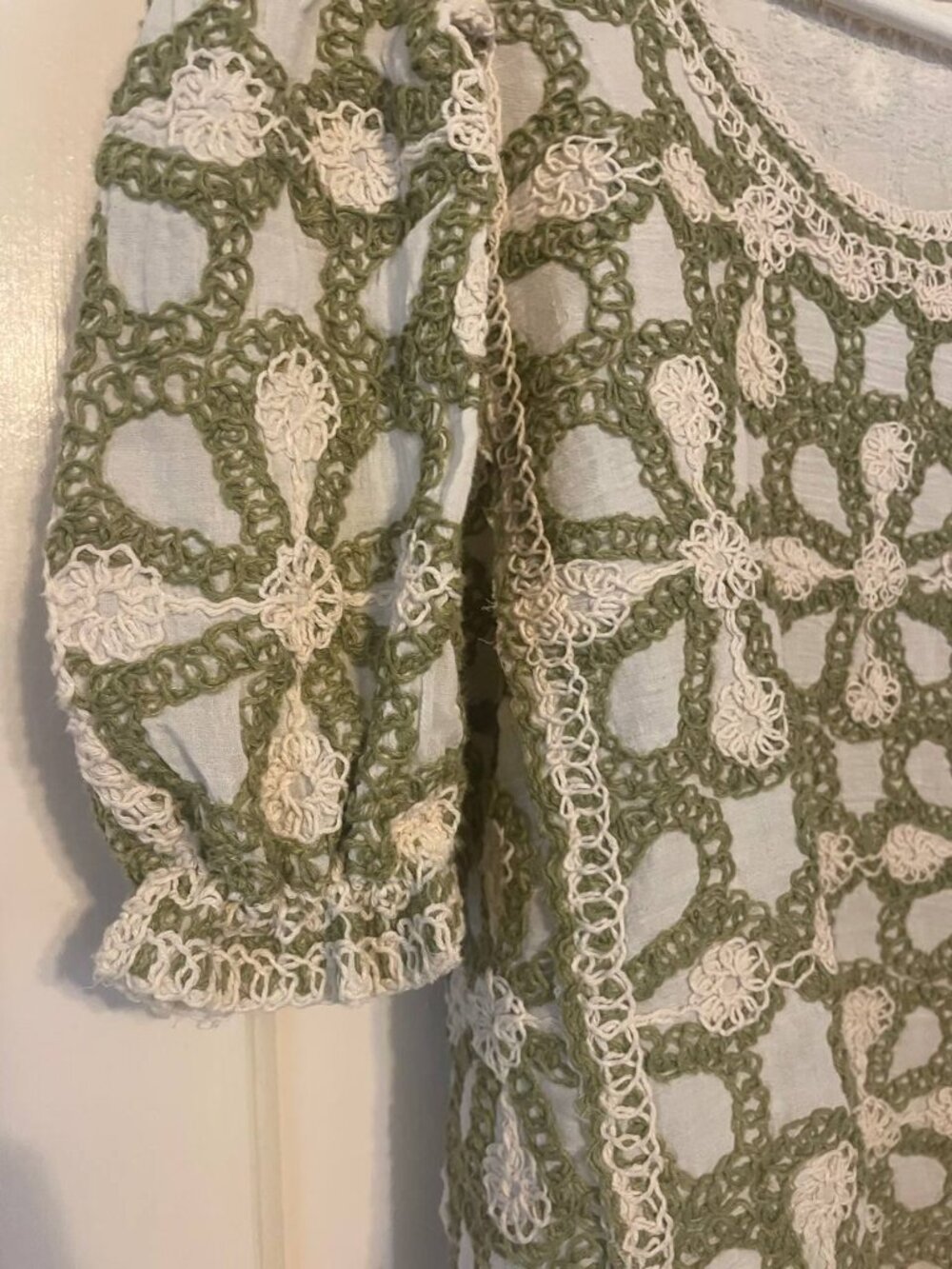Solitaire Sage Green Crochet Puff Sleeve Blouse - Cottagecore Boho Chic size L - Picture 2 of 6